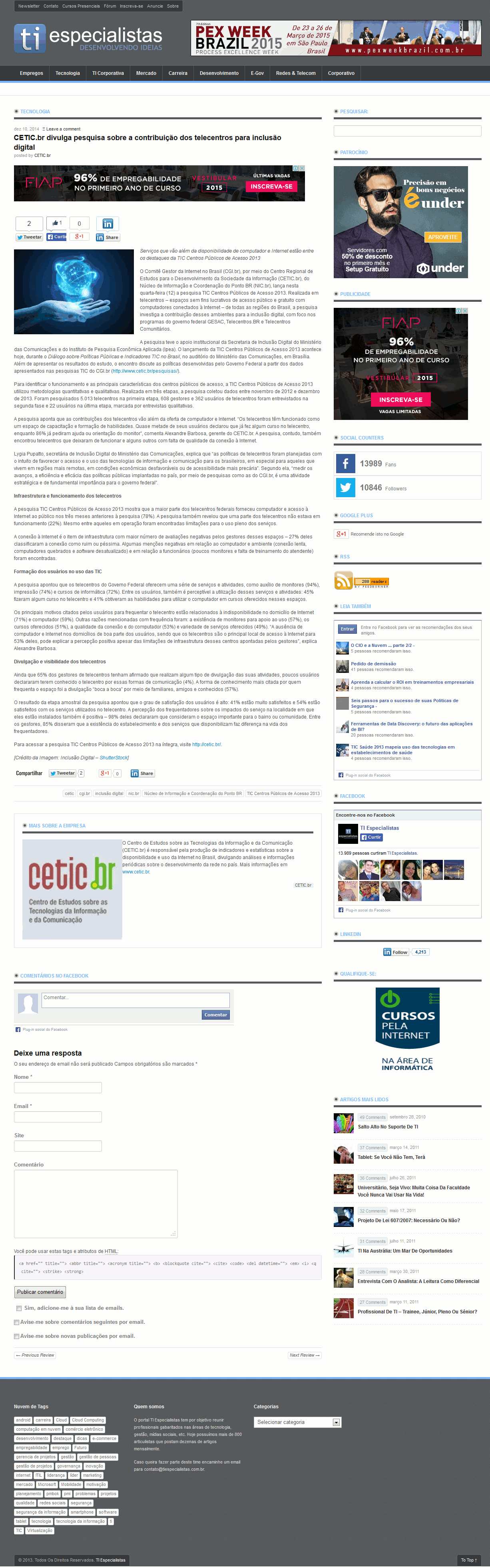 CETIC.br divulga pesquisa sobre a contribuição dos telecentros para inclusão digital