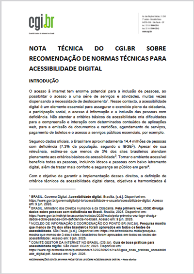 Nota Técnica do CGI.br sobre recomendação de normas técnicas para acessibilidade digital