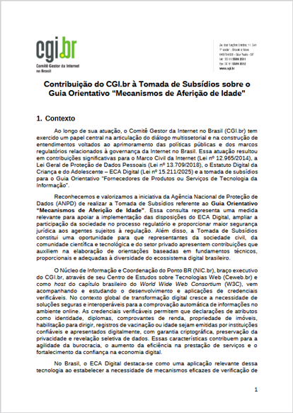 Contribuição do CGI.br à Tomada de Subsídios sobre o Guia Orientativo “Mecanismos de Aferição de Idade