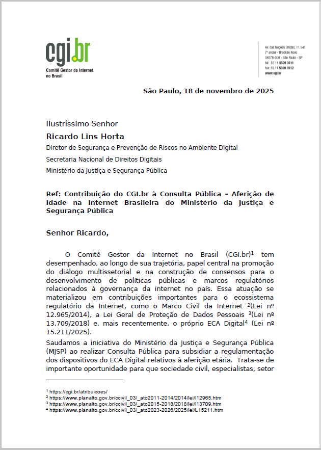Contribuição do CGI.br à Consulta Pública – Aferição de Idade na Internet Brasileira do Ministério da Justiça e Segurança Pública